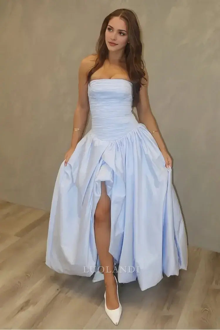 Luolandi Pretty A-Line Strapless Pleated Long Formal Prom Dress With Slit Elegant Birthday Party Dress Charming Evening Gowns