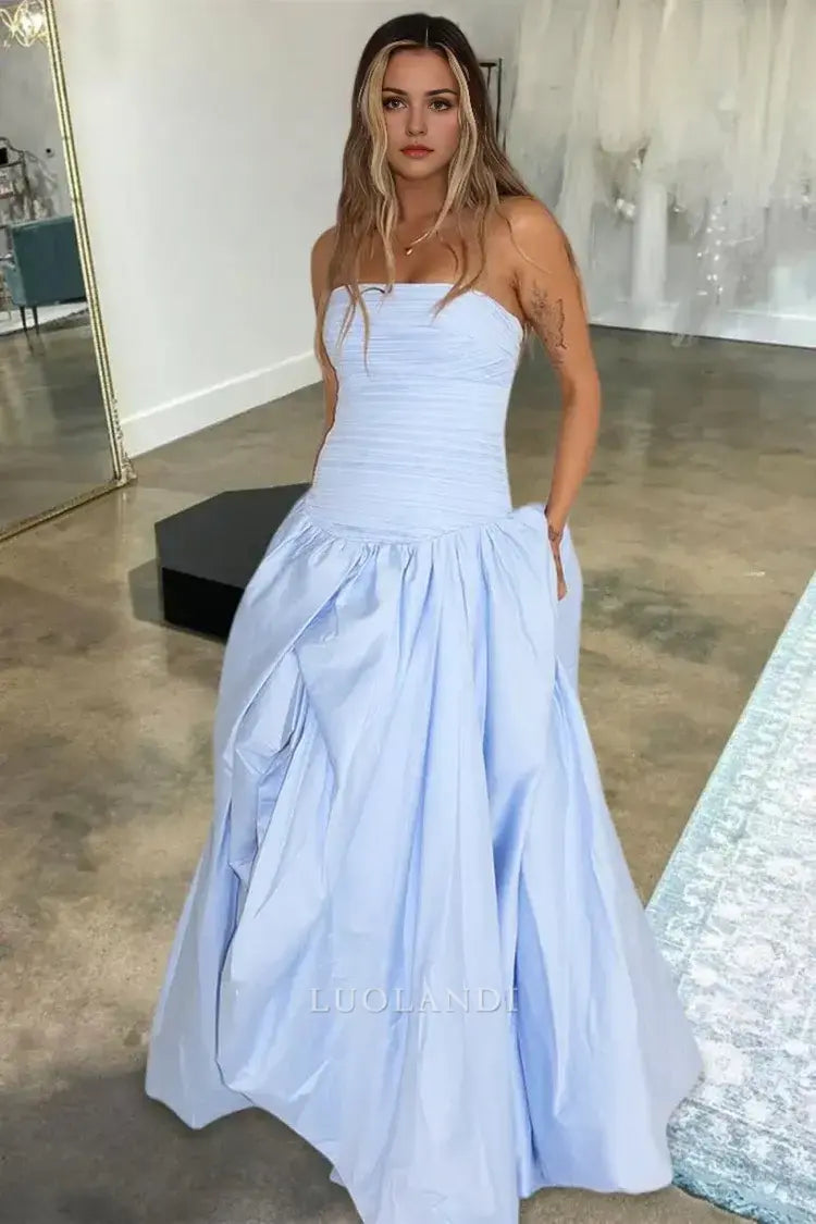 Luolandi Pretty A-Line Strapless Pleated Long Formal Prom Dress With Slit Elegant Birthday Party Dress Charming Evening Gowns