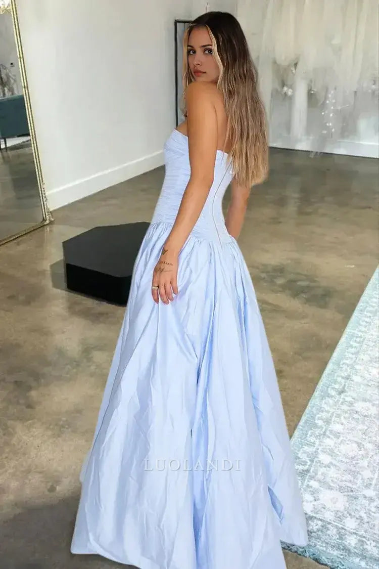 Luolandi Pretty A-Line Strapless Pleated Long Formal Prom Dress With Slit Elegant Birthday Party Dress Charming Evening Gowns