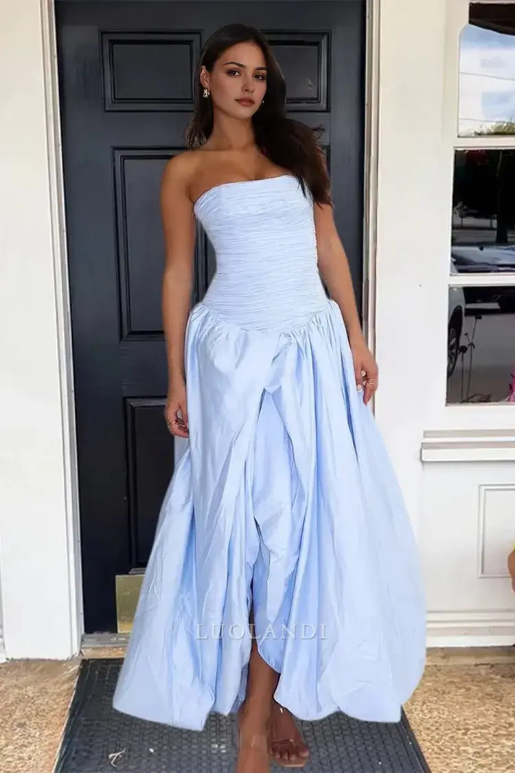 Luolandi Pretty A-Line Strapless Pleated Long Formal Prom Dress With Slit Elegant Birthday Party Dress Charming Evening Gowns