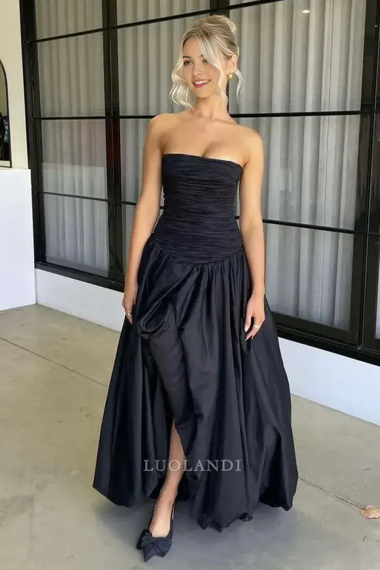 Luolandi Pretty A-Line Strapless Pleated Long Formal Prom Dress With Slit Elegant Birthday Party Dress Charming Evening Gowns