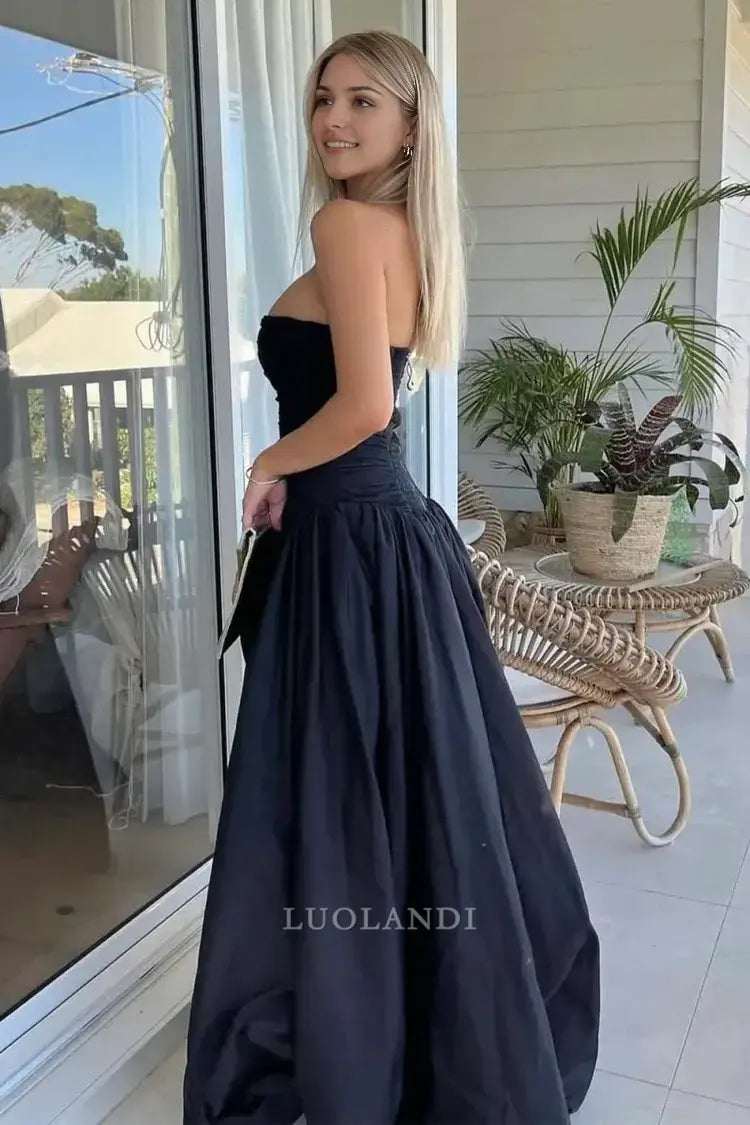 Luolandi Pretty A-Line Strapless Pleated Long Formal Prom Dress With Slit Elegant Birthday Party Dress Charming Evening Gowns