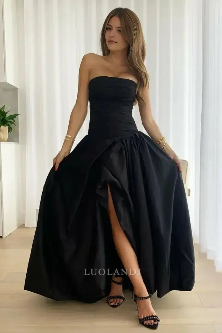 Luolandi Pretty A-Line Strapless Pleated Long Formal Prom Dress With Slit Elegant Birthday Party Dress Charming Evening Gowns