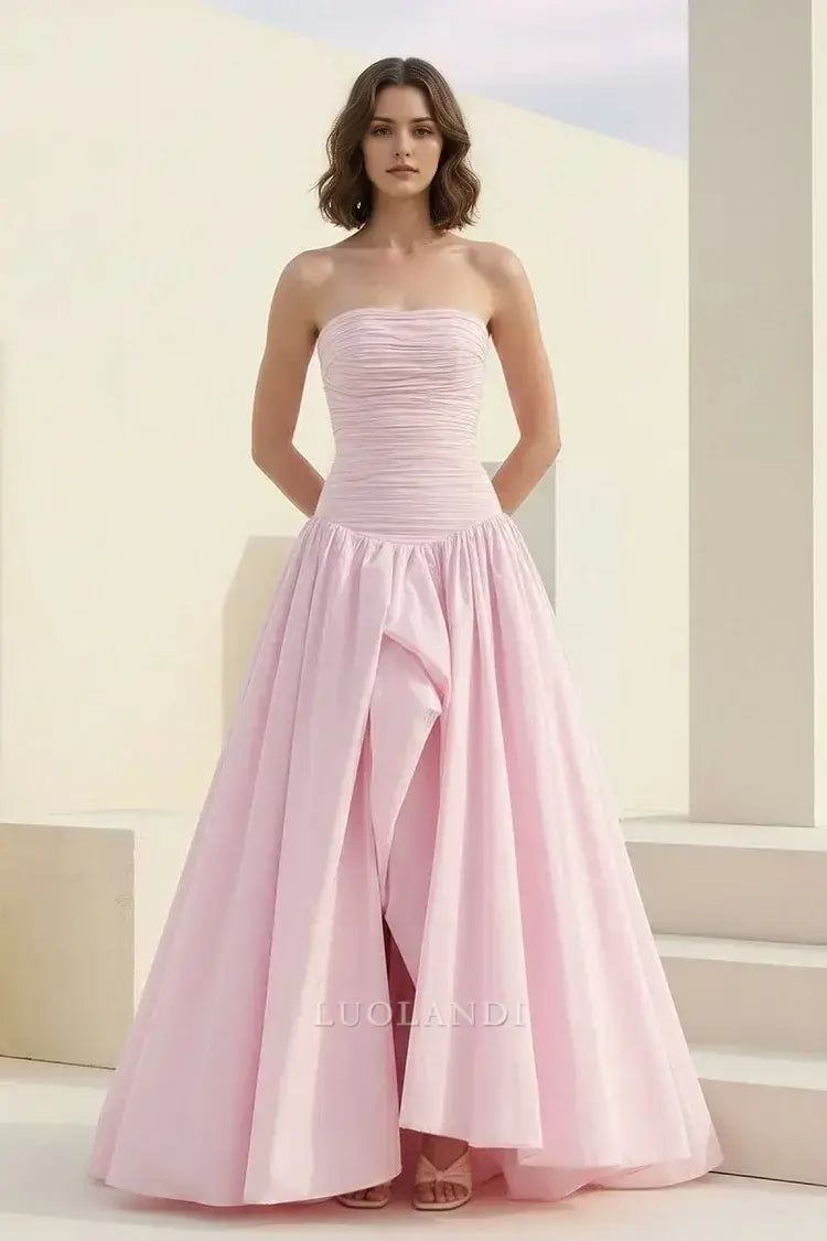 Luolandi Pretty A-Line Strapless Pleated Long Formal Prom Dress With Slit Elegant Graduation Dress Charming Evening Gowns