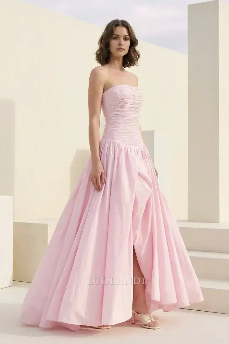 Luolandi Pretty A-Line Strapless Pleated Long Formal Prom Dress With Slit Elegant Graduation Dress Charming Evening Gowns