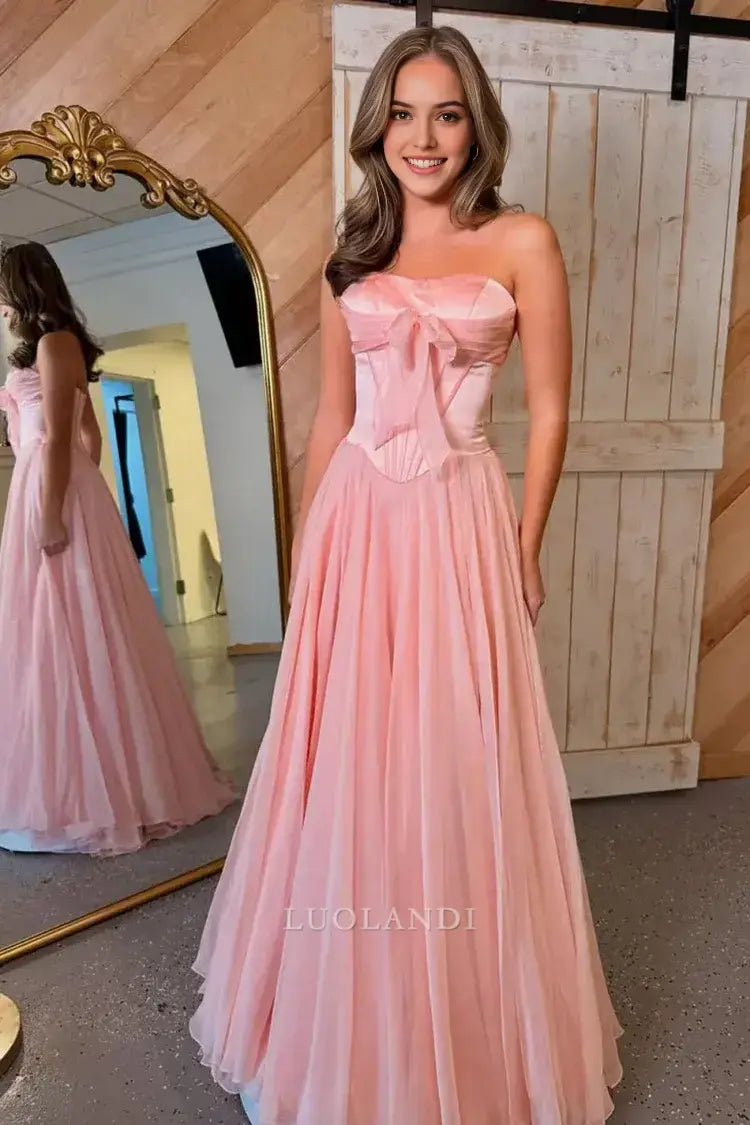 Luolandi Pretty A-Line Strapless Sleeveless Pleated Long Formal Prom Dress with Bow Lovely Birthday Party Dress Elegant Evening Gowns