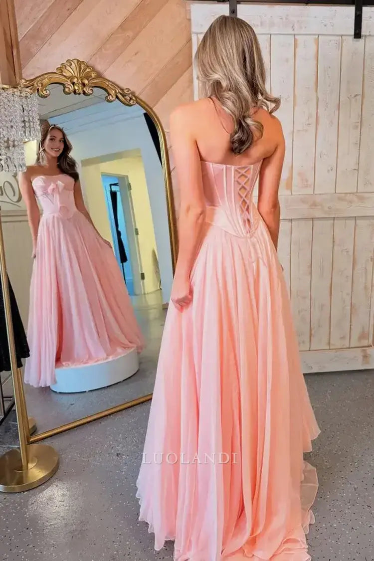 Luolandi Pretty A-Line Strapless Sleeveless Pleated Long Formal Prom Dress with Bow Lovely Birthday Party Dress Elegant Evening Gowns