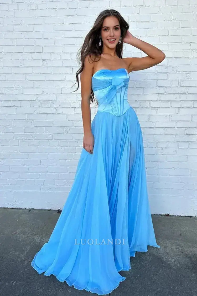Luolandi Pretty A-Line Strapless Sleeveless Pleated Long Formal Prom Dress with Bow Lovely Birthday Party Dress Elegant Evening Gowns