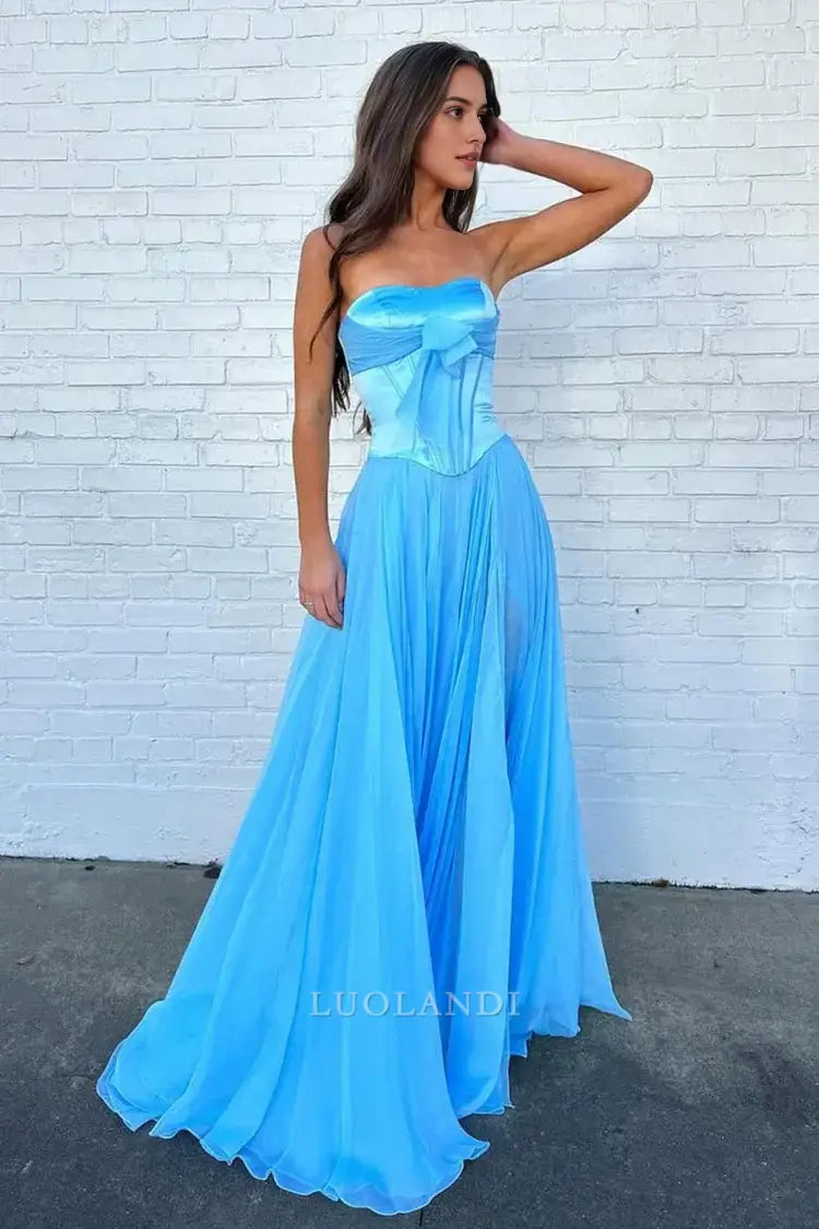 Luolandi Pretty A-Line Strapless Sleeveless Pleated Long Formal Prom Dress with Bow Lovely Birthday Party Dress Elegant Evening Gowns