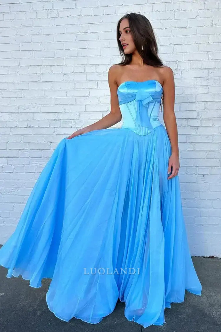 Luolandi Pretty A-Line Strapless Sleeveless Pleated Long Formal Prom Dress with Bow Lovely Birthday Party Dress Elegant Evening Gowns
