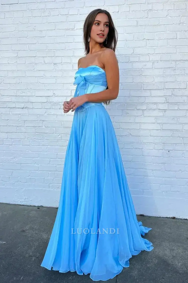 Luolandi Pretty A-Line Strapless Sleeveless Pleated Long Formal Prom Dress with Bow Lovely Birthday Party Dress Elegant Evening Gowns
