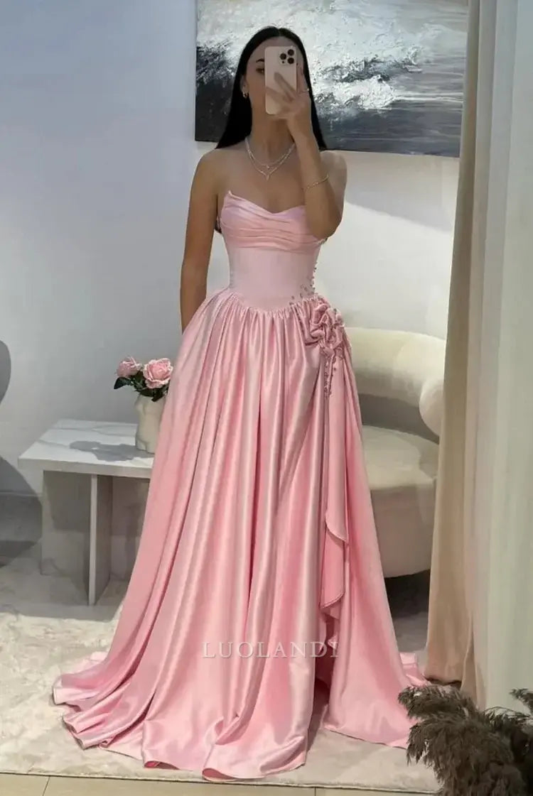Luolandi Pretty A-Line Strapless Sleeveless Satin Long Formal Prom Dress With Slit Lovely Birthday Party Dress Elegant Evening Gowns
