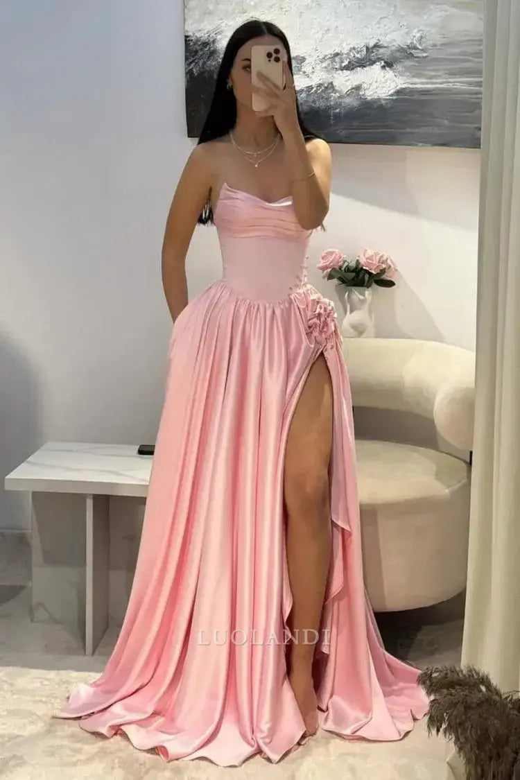 Luolandi Pretty A-Line Strapless Sleeveless Satin Long Formal Prom Dress With Slit Lovely Birthday Party Dress Elegant Evening Gowns