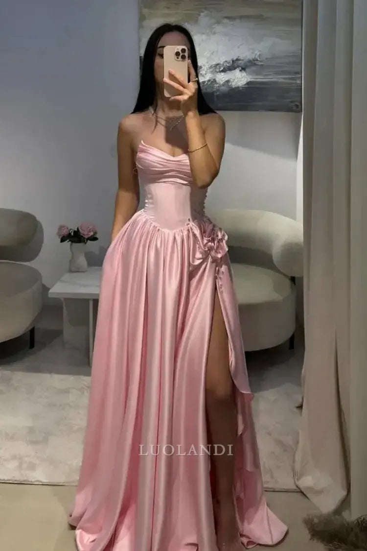 Luolandi Pretty A-Line Strapless Sleeveless Satin Long Formal Prom Dress With Slit Lovely Birthday Party Dress Elegant Evening Gowns
