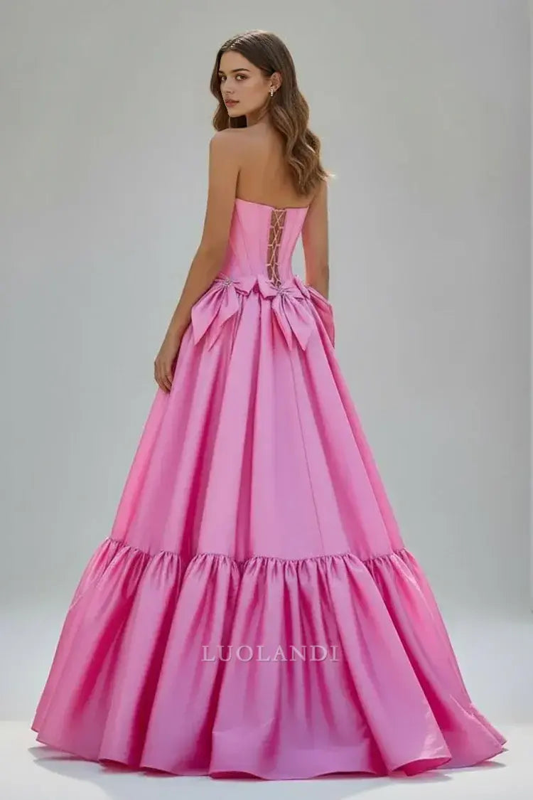 Luolandi Pretty A-Line Strapless Sleeveless Satin Long Formal Prom Dress with Bow Knots Lovely Birthday Party Dress Elegant Evening Gowns