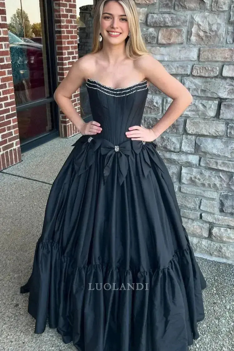 Luolandi Pretty A-Line Strapless Sleeveless Satin Long Formal Prom Dress with Bow Knots Lovely Birthday Party Dress Elegant Evening Gowns