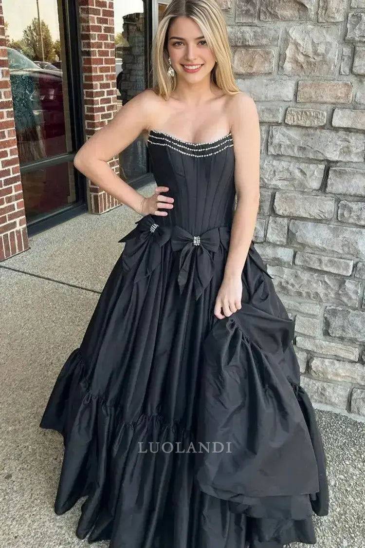 Luolandi Pretty A-Line Strapless Sleeveless Satin Long Formal Prom Dress with Bow Knots Lovely Birthday Party Dress Elegant Evening Gowns