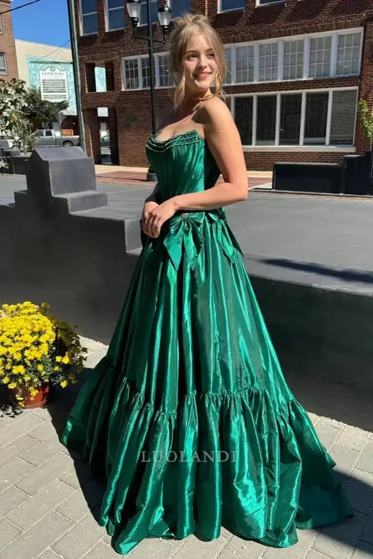 Luolandi Pretty A-Line Strapless Sleeveless Satin Long Formal Prom Dress with Bow Knots Lovely Birthday Party Dress Elegant Evening Gowns