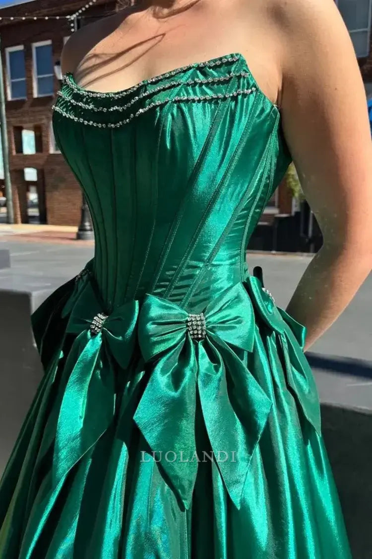 Luolandi Pretty A-Line Strapless Sleeveless Satin Long Formal Prom Dress with Bow Knots Lovely Birthday Party Dress Elegant Evening Gowns