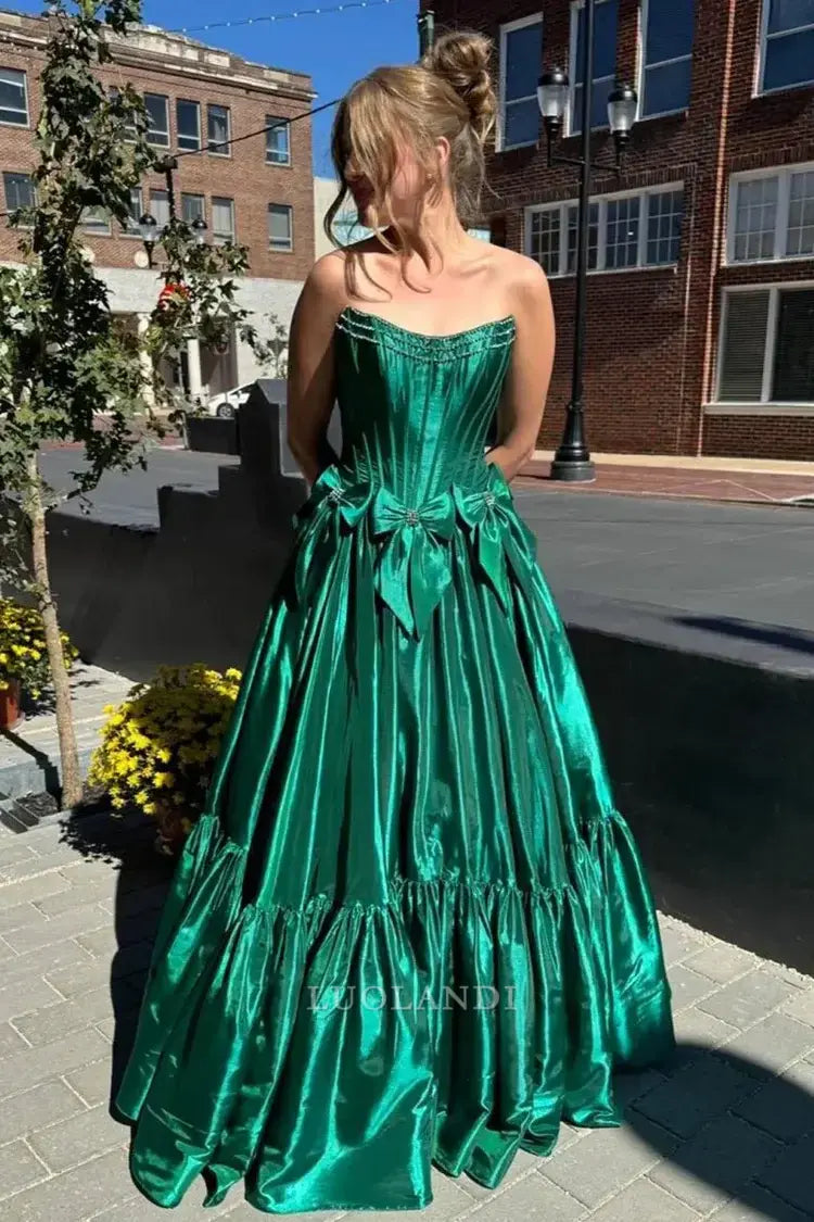 Luolandi Pretty A-Line Strapless Sleeveless Satin Long Formal Prom Dress with Bow Knots Lovely Birthday Party Dress Elegant Evening Gowns