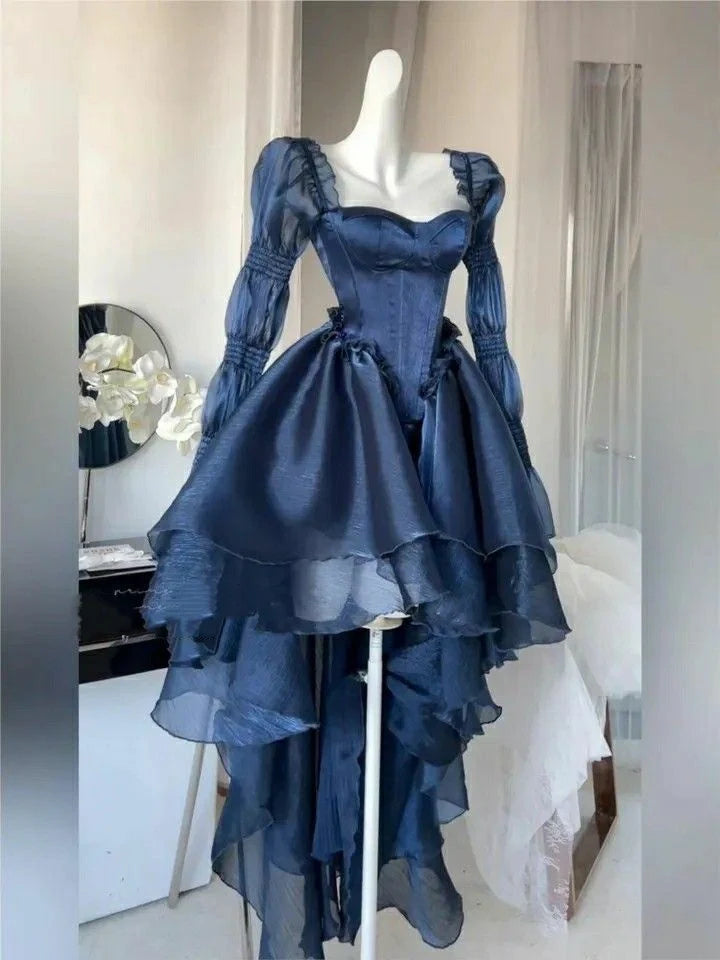 Luolandi Pretty A Line Blue Long Sleeves Party Prom Dress Elegant Homecoming Dress Vintage Birthday Dress