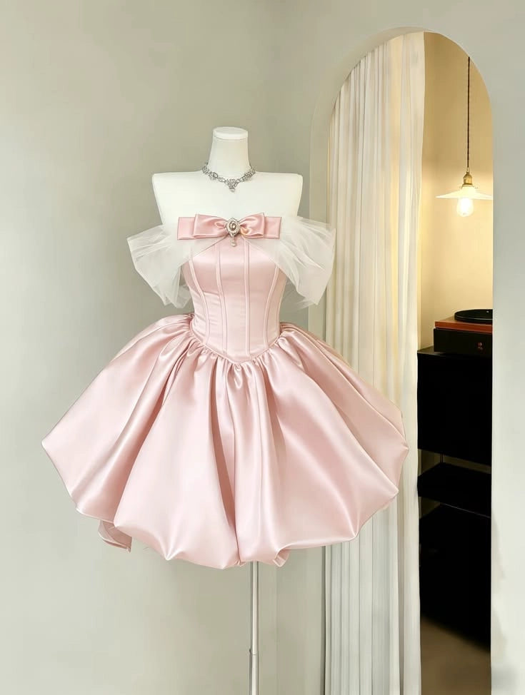 Luolandi Pretty A Line Off the Shoulder Satin Short Homecoming Dress Cute Graduation Party Dress