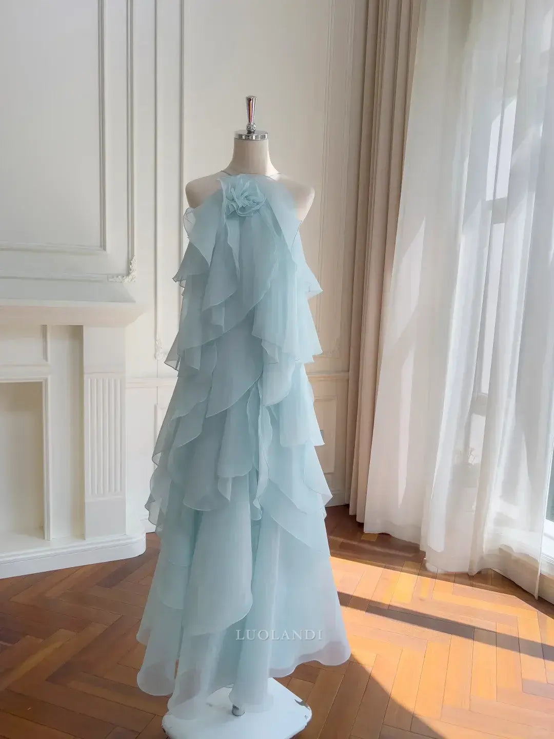 Luolandi Pretty A Line Sleeveless Ruffles Long Formal Prom Dress Elegant Evening Party Dress Lovely Summer Holiday Dress