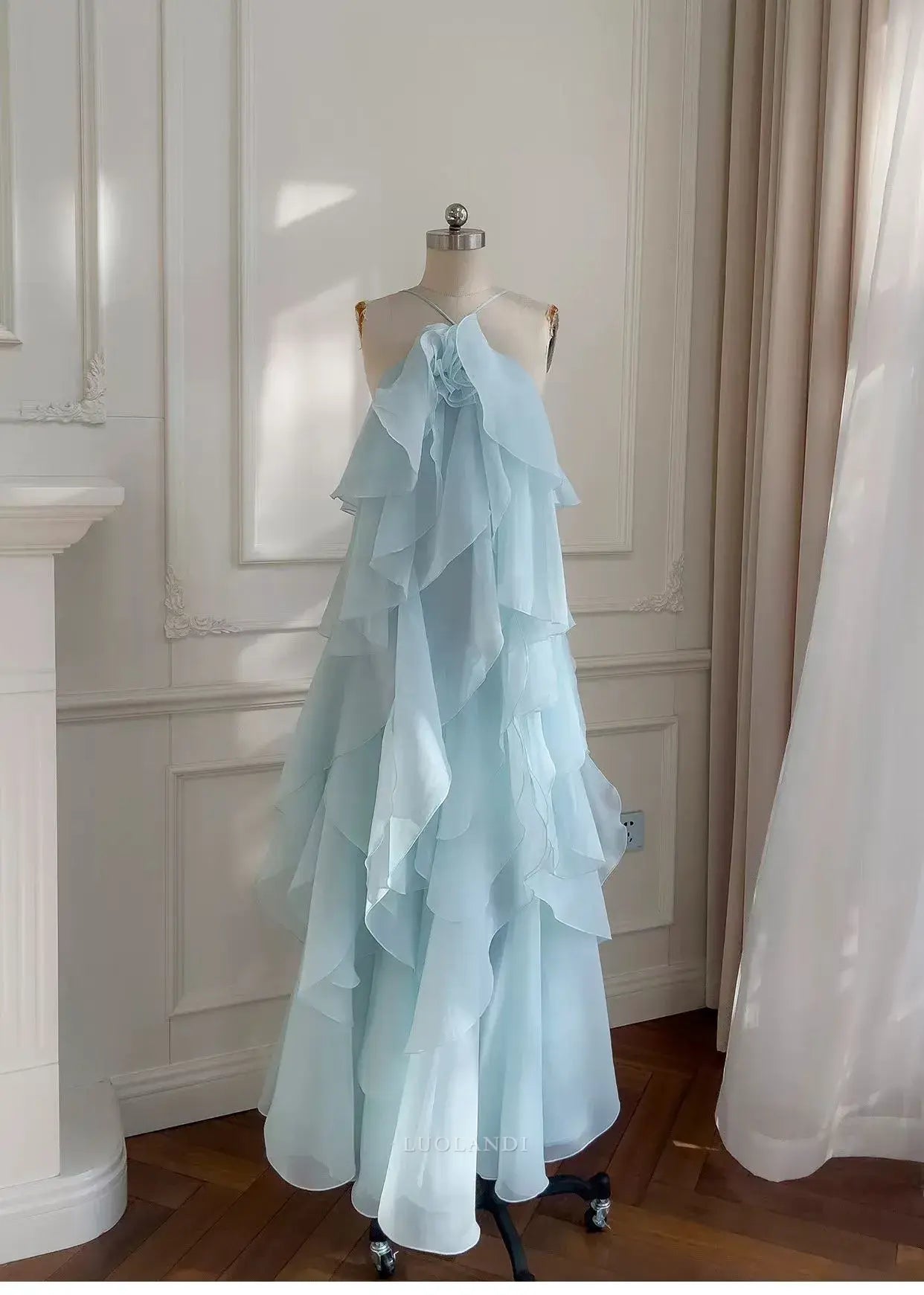 Luolandi Pretty A Line Sleeveless Ruffles Long Formal Prom Dress Elegant Evening Party Dress Lovely Summer Holiday Dress