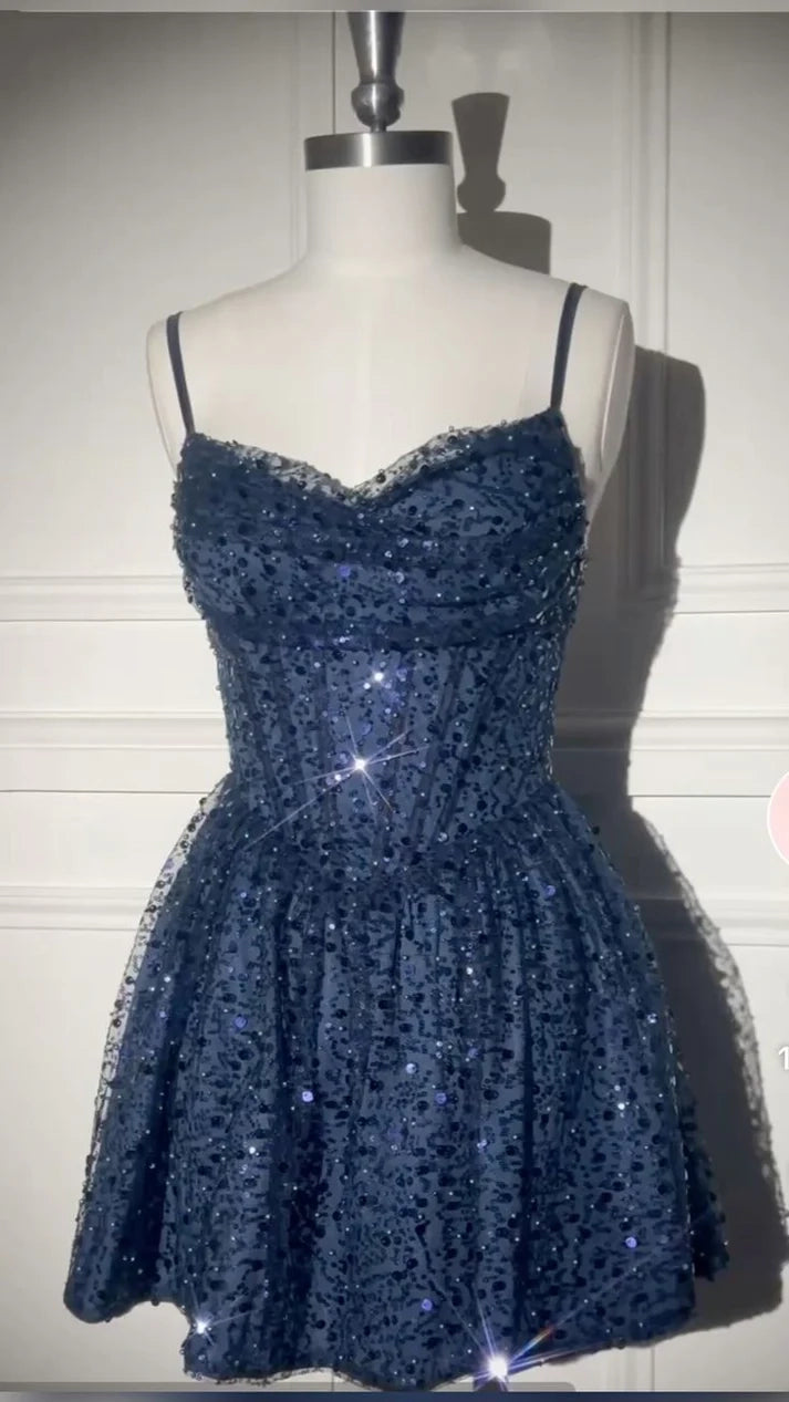 Luolandi Pretty A Line Spaghetti Straps Sleeveless Short Homecoming Dress Sparkly Graduation Party Dress