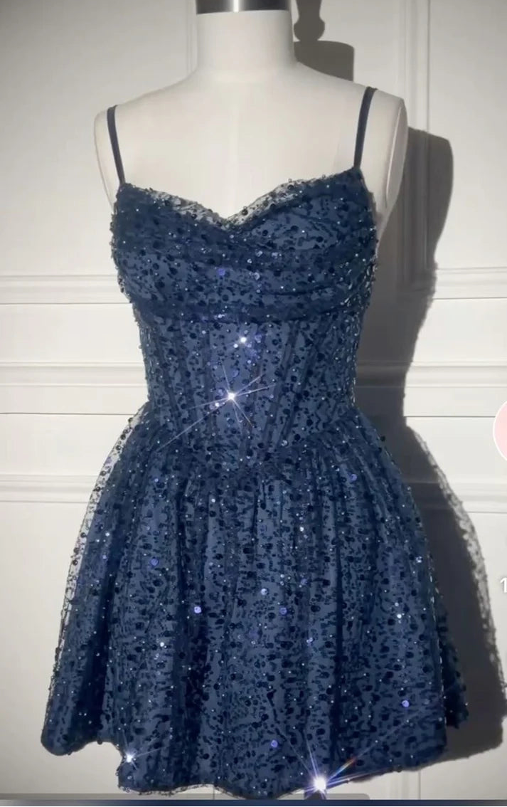 Luolandi Pretty A Line Spaghetti Straps Sleeveless Short Homecoming Dress Sparkly Graduation Party Dress