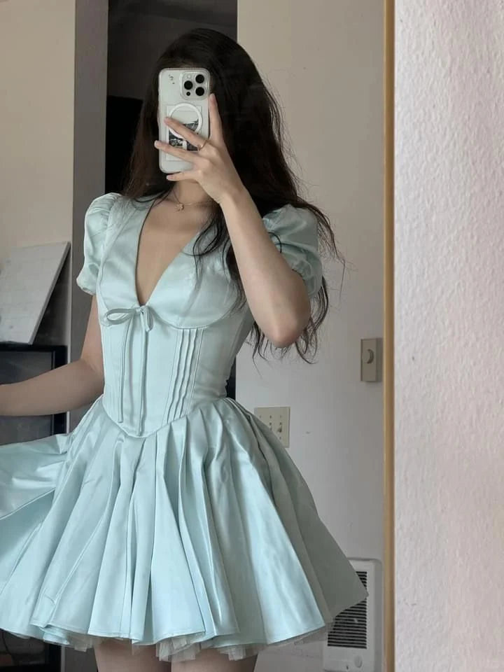 Luolandi Pretty A Line V-neck Short Sleeves Party Prom Dress Elegant Homecoming Dress Sweet Birthday Dress