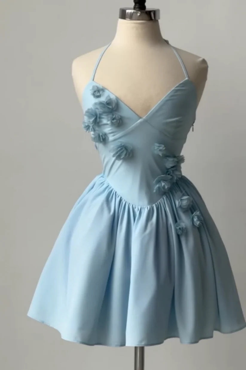 Luolandi Pretty Blue A Line Sleeveless Floral Short Prom Dress Sweet Homecoming Dress Lovely Birthday Party Dress