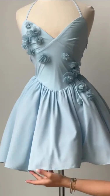 Luolandi Pretty Blue A Line Sleeveless Floral Short Prom Dress Sweet Homecoming Dress Lovely Birthday Party Dress
