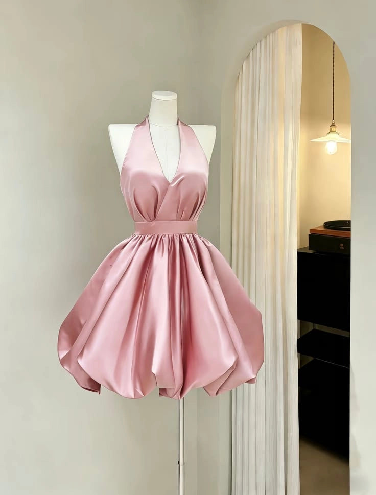 Luolandi Pretty Halter Neck A-Line Satin Sleeveless Backless Short Homecoming Dress Cute Summer Graduation Party Dress