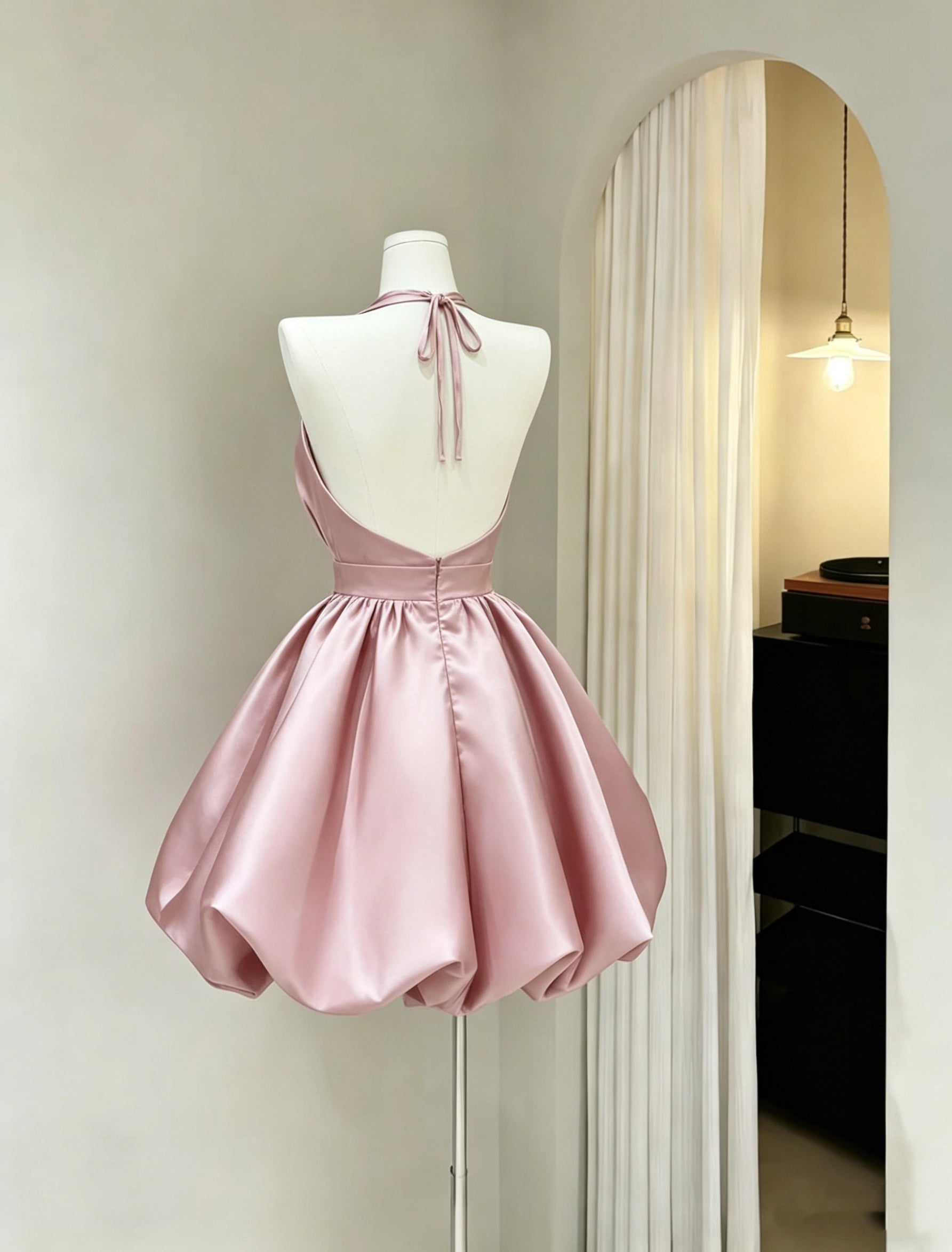 Luolandi Pretty Halter Neck A-Line Satin Sleeveless Backless Short Homecoming Dress Cute Summer Graduation Party Dress