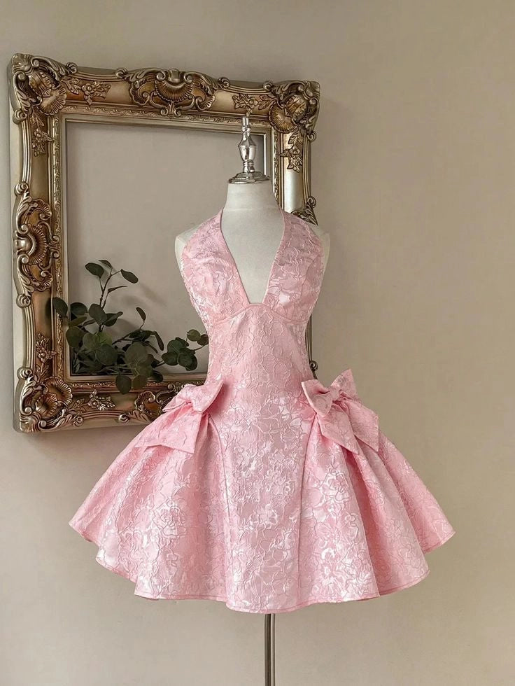 Luolandi Pretty Halter Neck A-Line Sleeveless Short Homecoming Dress Cute Summer Graduation Party Dress With Bows