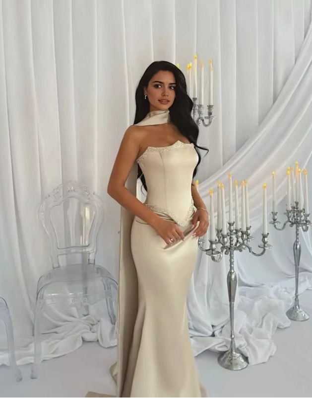 Luolandi Pretty Mermaid Strapless Sleeveless Long Formal Prom Dress Elegant Party Evening Gown with Beadings