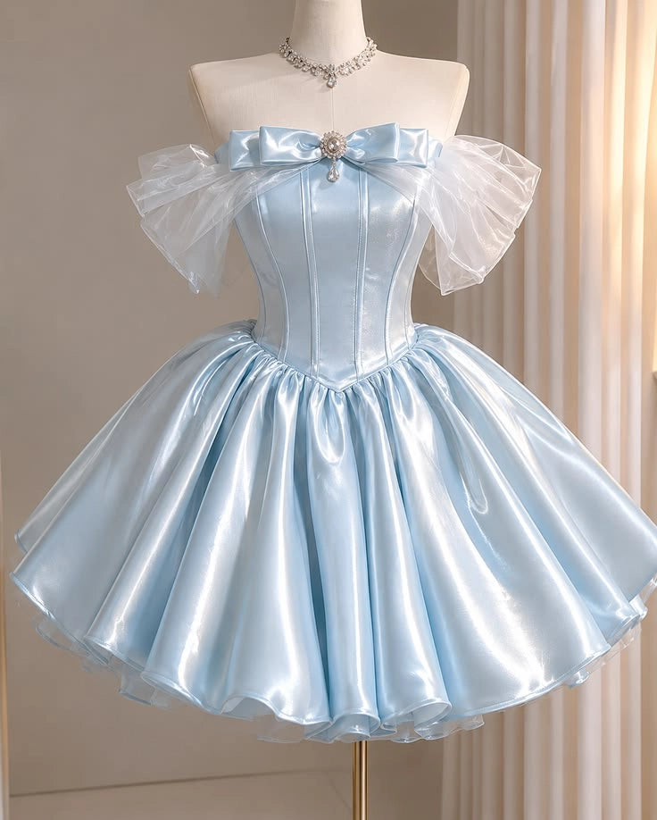 Luolandi Pretty Off the Shoulder A Line Light Blue Satin Short Homecoming Dress Lovely Graduation Party Dress