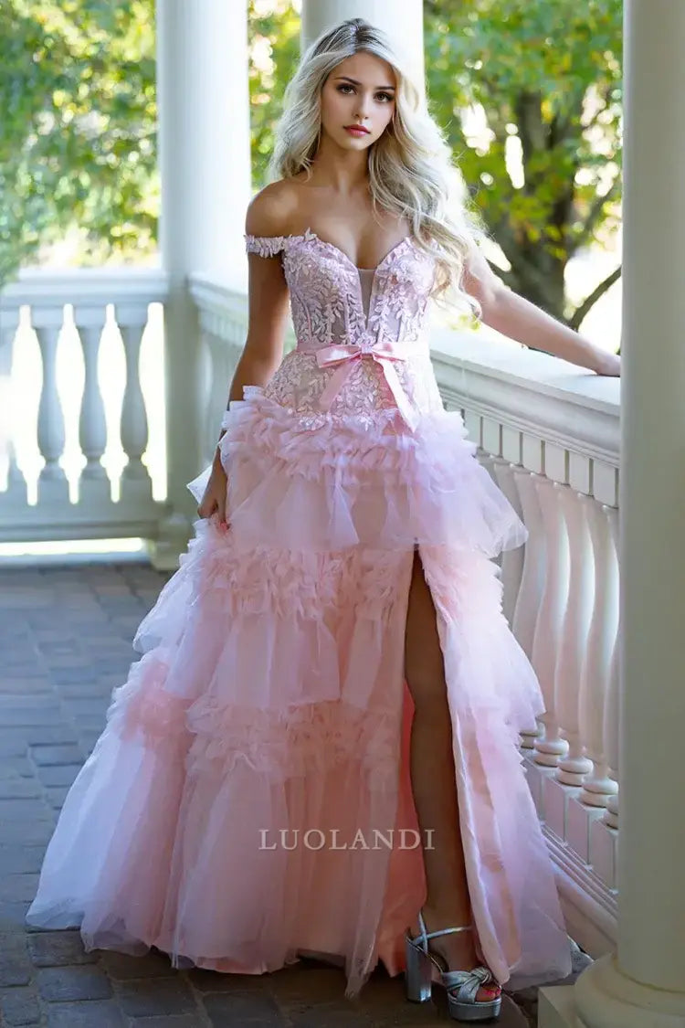 Luolandi Pretty Princess A-Line Off the Shoulder Tulle Ruffles Long Formal Prom Dress with Bow Sexy Birthday Party Dress Charming Evening Gowns