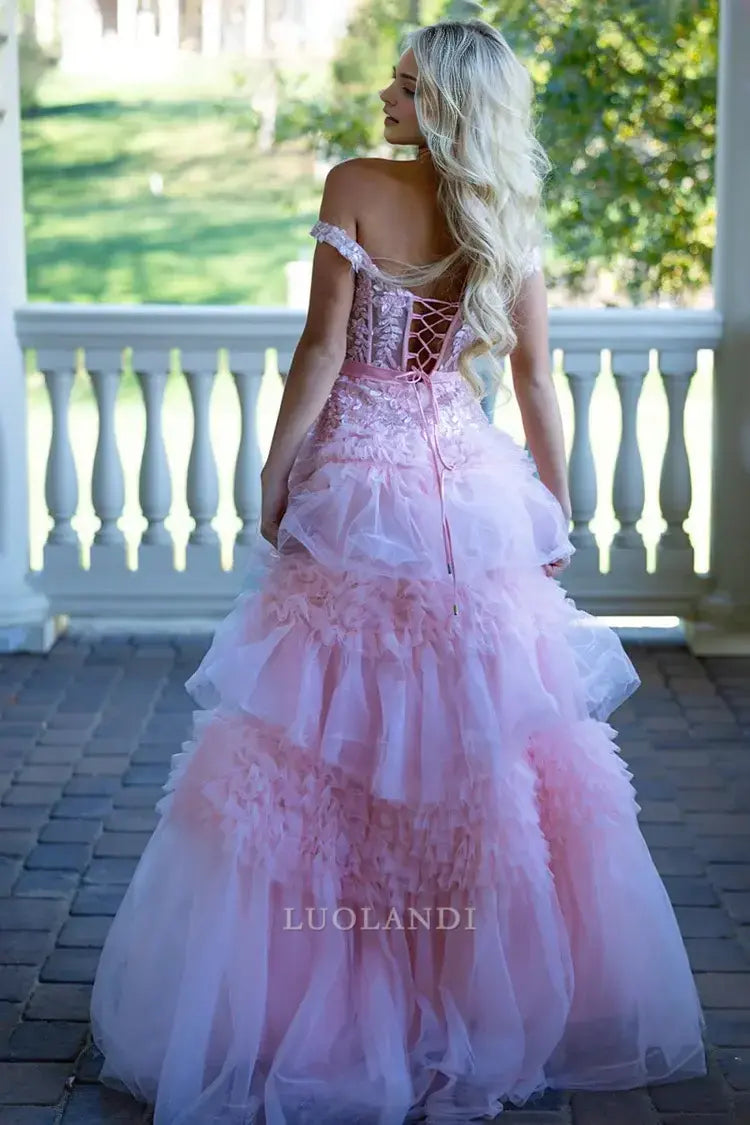 Luolandi Pretty Princess A-Line Off the Shoulder Tulle Ruffles Long Formal Prom Dress with Bow Sexy Birthday Party Dress Charming Evening Gowns