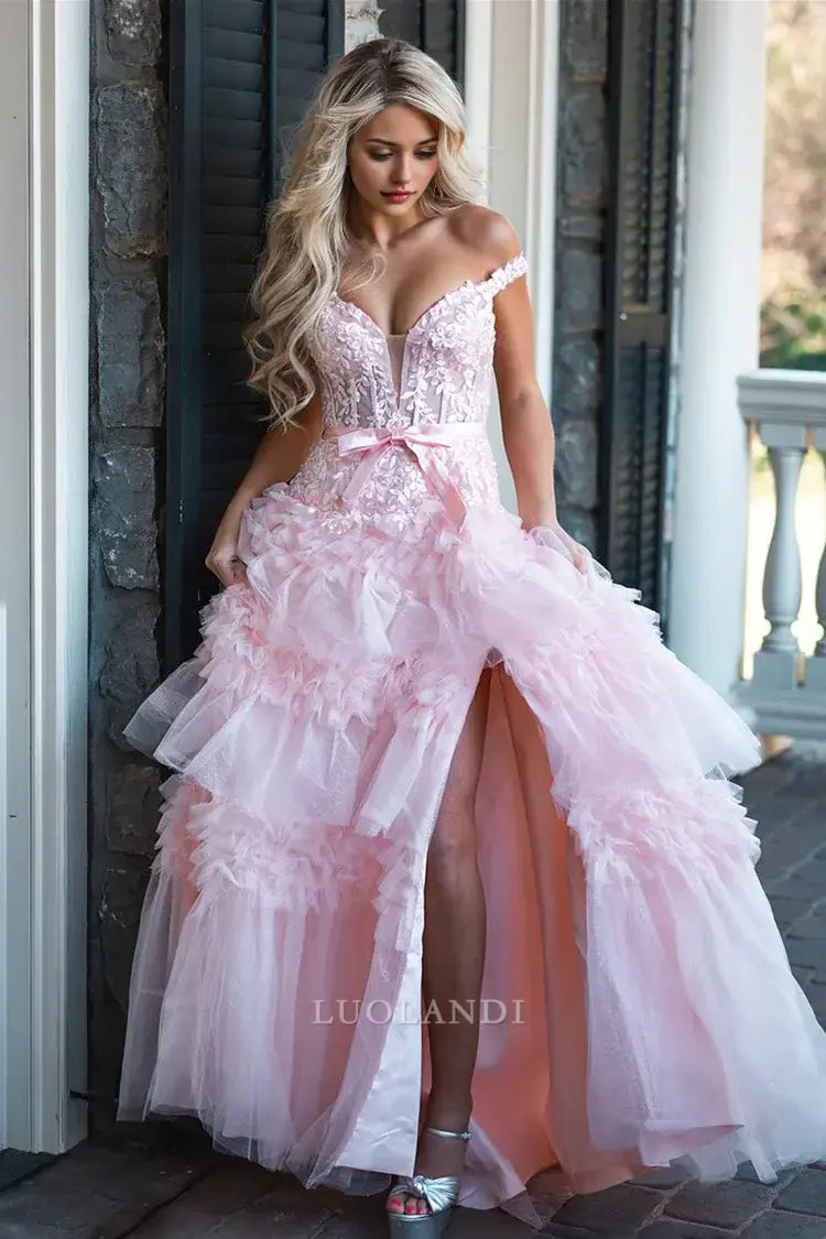Luolandi Pretty Princess A-Line Off the Shoulder Tulle Ruffles Long Formal Prom Dress with Bow Sexy Birthday Party Dress Charming Evening Gowns