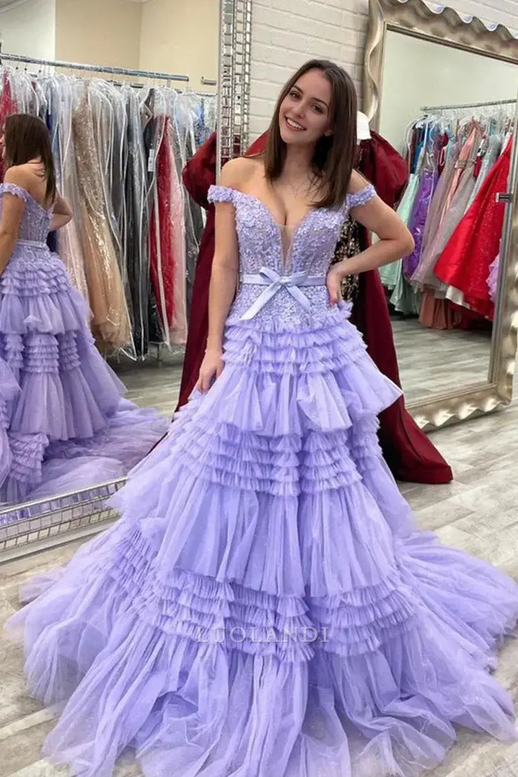 Luolandi Pretty Princess A-Line Off the Shoulder Tulle Ruffles Long Formal Prom Dress with Bow Sexy Birthday Party Dress Charming Evening Gowns