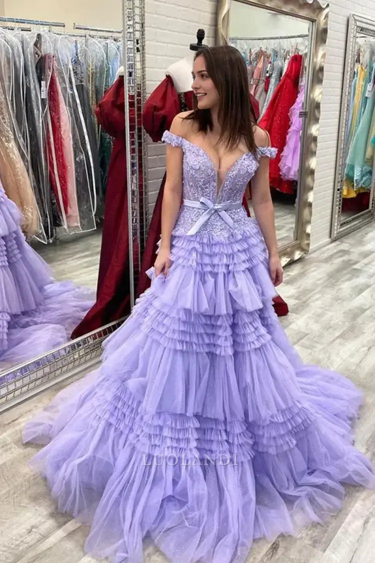 Luolandi Pretty Princess A-Line Off the Shoulder Tulle Ruffles Long Formal Prom Dress with Bow Sexy Birthday Party Dress Charming Evening Gowns
