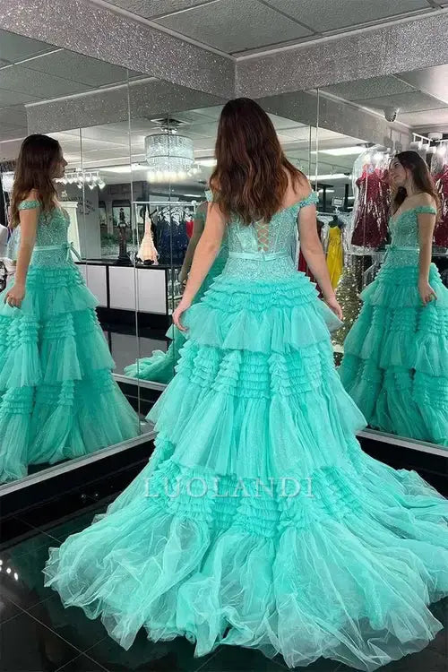 Luolandi Pretty Princess A-Line Off the Shoulder Tulle Ruffles Long Formal Prom Dress with Bow Sexy Birthday Party Dress Charming Evening Gowns