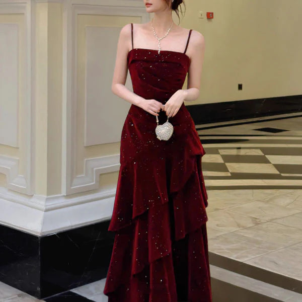 Luolandi Pretty Spaghetti Straps Tiered Ruffles Sleeveless Evening Party Dress Shiny Long Formal Prom Dress