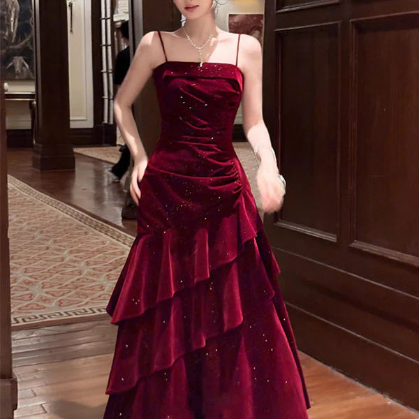 Luolandi Pretty Spaghetti Straps Tiered Ruffles Sleeveless Evening Party Dress Shiny Long Formal Prom Dress