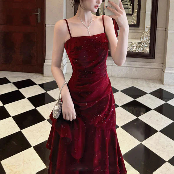 Luolandi Pretty Spaghetti Straps Tiered Ruffles Sleeveless Evening Party Dress Shiny Long Formal Prom Dress