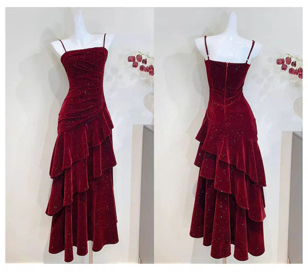 Luolandi Pretty Spaghetti Straps Tiered Ruffles Sleeveless Evening Party Dress Shiny Long Formal Prom Dress