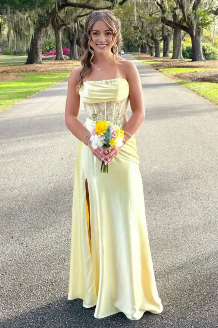 Luolandi Pretty Strapless Lace Satin Formal Prom Dress Elegant Sleeveless Evening Party Dress With Slit