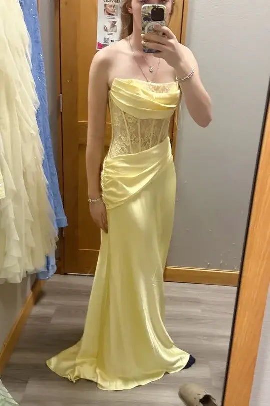 Luolandi Pretty Strapless Lace Satin Formal Prom Dress Elegant Sleeveless Evening Party Dress With Slit